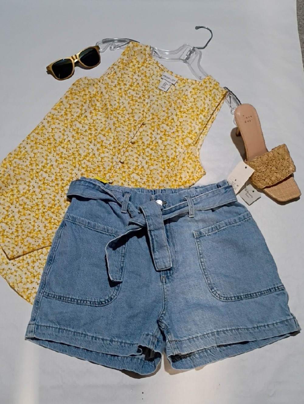 High-Waist Light Blue Denim Paperbag Shorts with Tie Belt